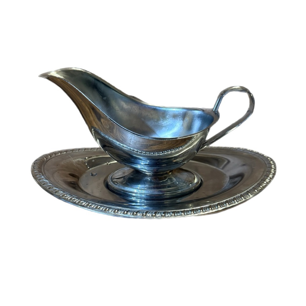 Vintage Irvinware Chrome Plated Silver Color Gravy Boat & Underplate USA MCM